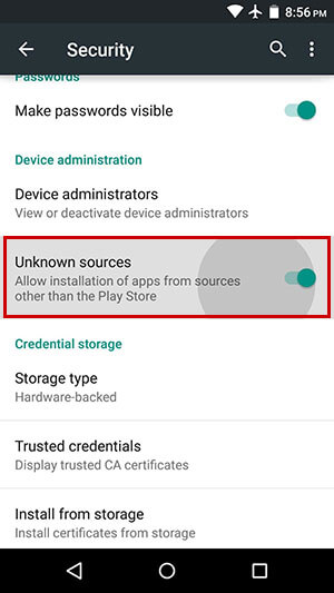 Меню Unknown sources