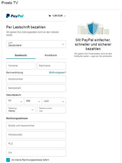 Форма для ввода данных карты в PayPal